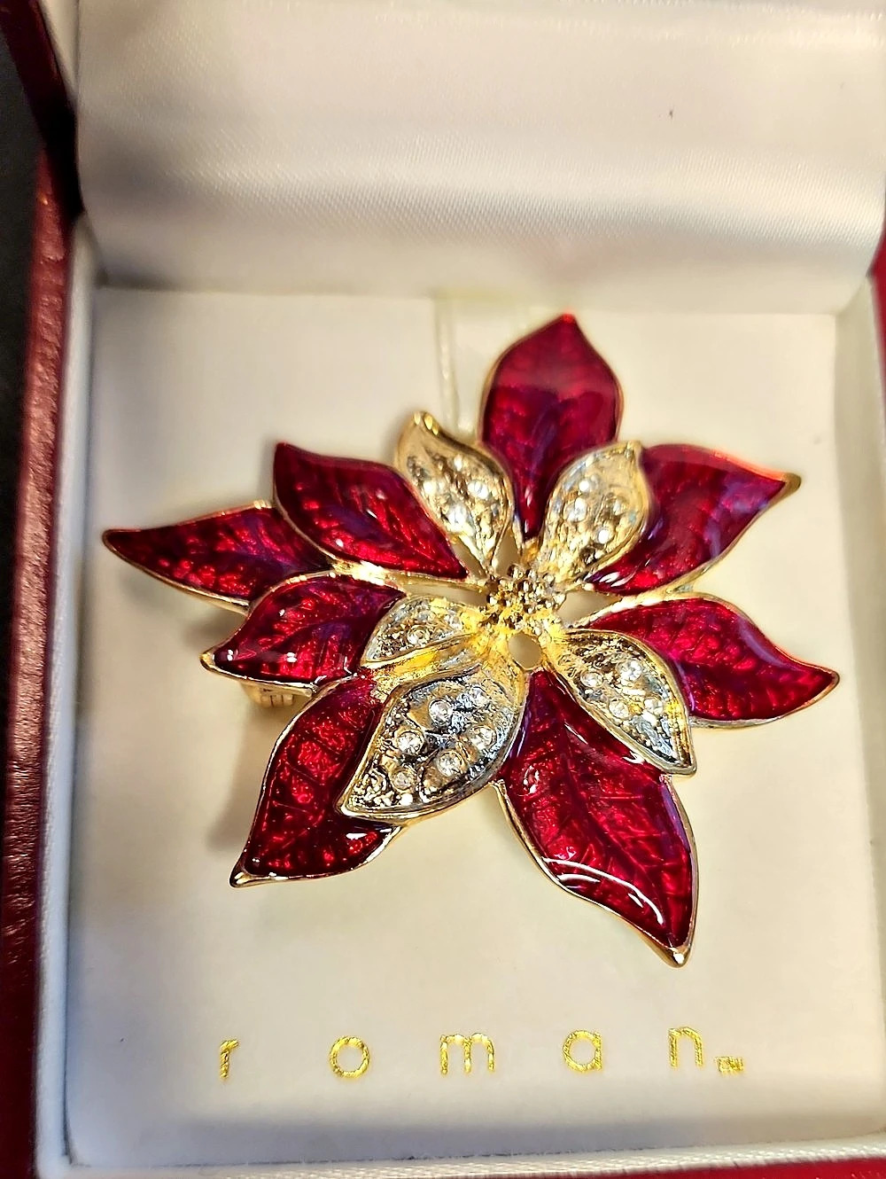 Roman Floral Rhinestone Brooch in Red & Gold Like New